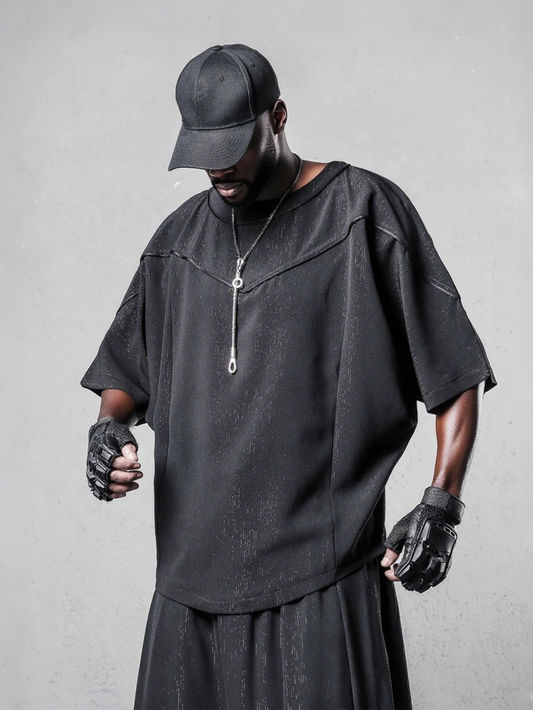 Dark-themed Deconstructed Patchwork Bat-sleeve Tee
