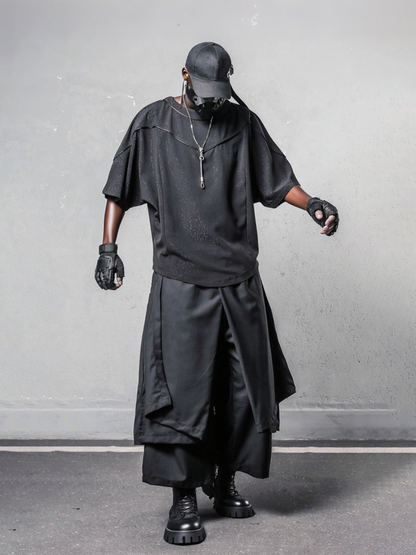 Dark-themed Deconstructed Patchwork Bat-sleeve Tee